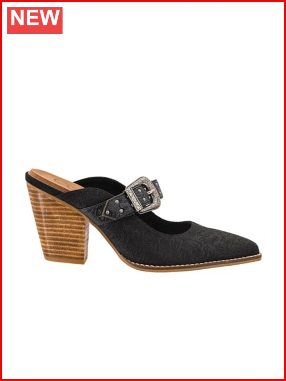 Womens Heeled Mule Closed Pointed Toe Slip On Adjustable Buckle Strap